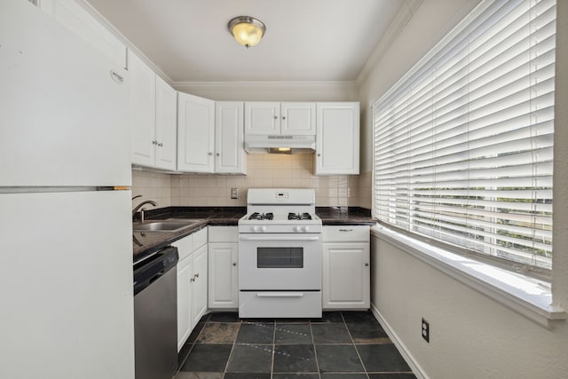 kitchen featuring sink, white appliances, white cabinetry, tasteful backsplash, and ornamental molding