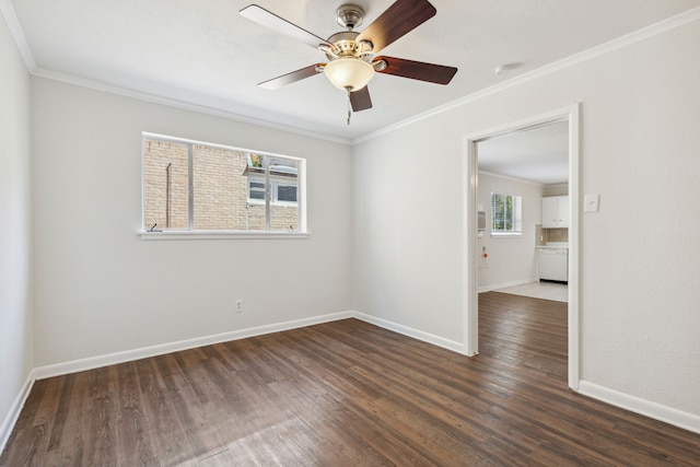 spare room featuring crown molding, ceiling fan, and dark hardwood / wood-style flooring