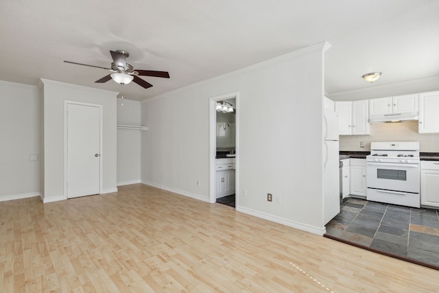 unfurnished living room with crown molding, ceiling fan, and light hardwood / wood-style flooring