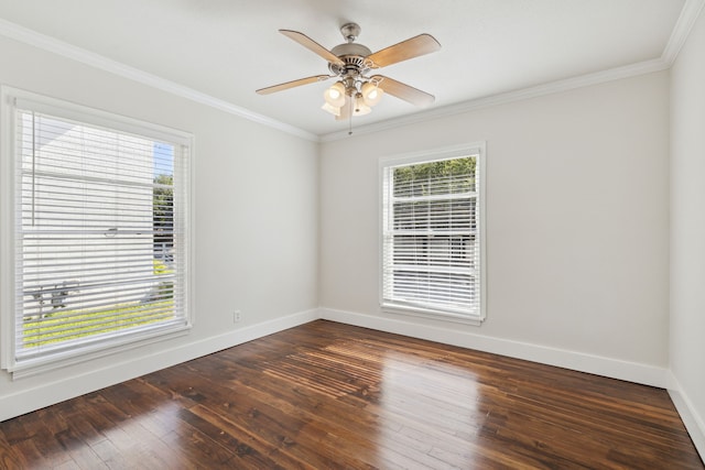 unfurnished room with crown molding, dark wood-type flooring, and ceiling fan