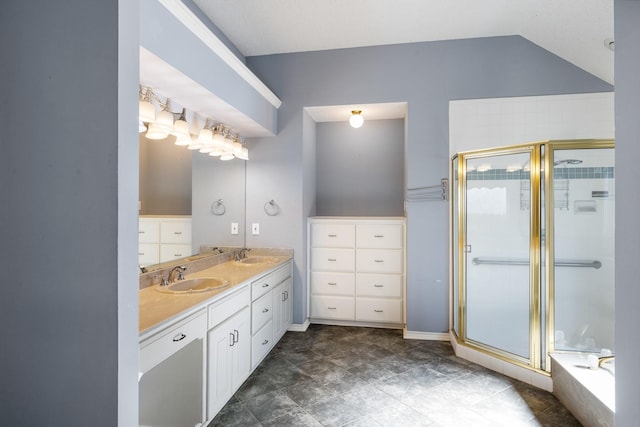 bathroom with vanity and plus walk in shower