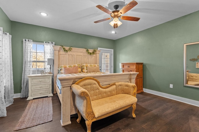 bedroom with a ceiling fan, baseboards, dark wood-style floors, and recessed lighting