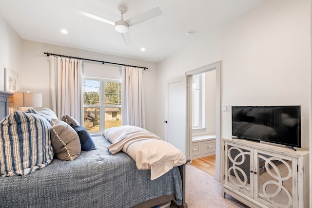 8010 Eagle Trl, Dallas, TX 75238 - bedroom featuring light wood-style flooring, recessed lighting, ensuite bathroom, and a ceiling fan