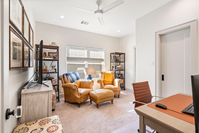 home office with ceiling fan, recessed lighting, light colored carpet, visible vents, and baseboards