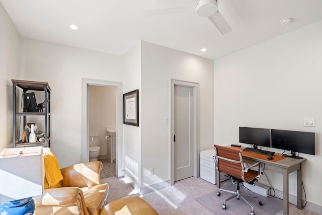 office area with light carpet, baseboards, a ceiling fan, and recessed lighting