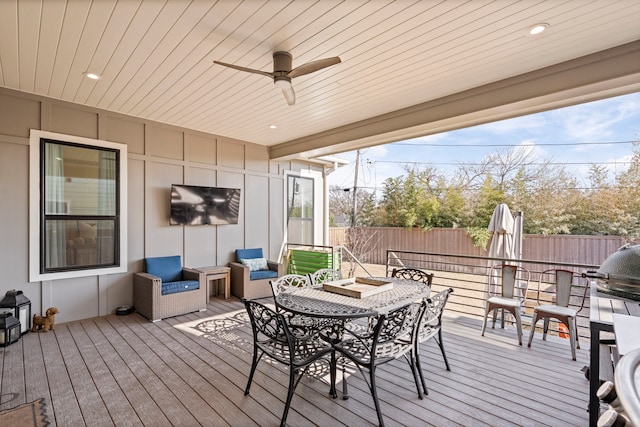 8010 Eagle Trl, Dallas, TX 75238 - deck with a fenced backyard, outdoor dining space, and ceiling fan