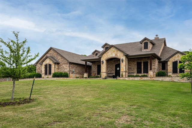 french country inspired facade with a front yard