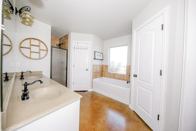 bathroom featuring vanity, concrete flooring, and separate shower and tub