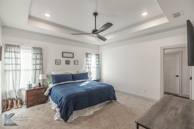 bedroom featuring multiple windows, a tray ceiling, and light colored carpet