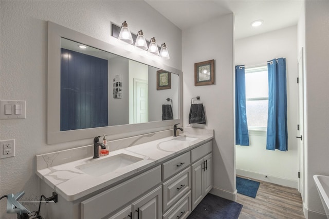 bathroom with vanity and wood-type flooring