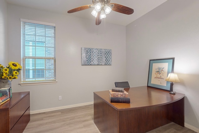 1240 Wedgewood Dr, Forney, TX 75126 - home office featuring light wood-type flooring, baseboards, a ceiling fan, and plenty of natural light
