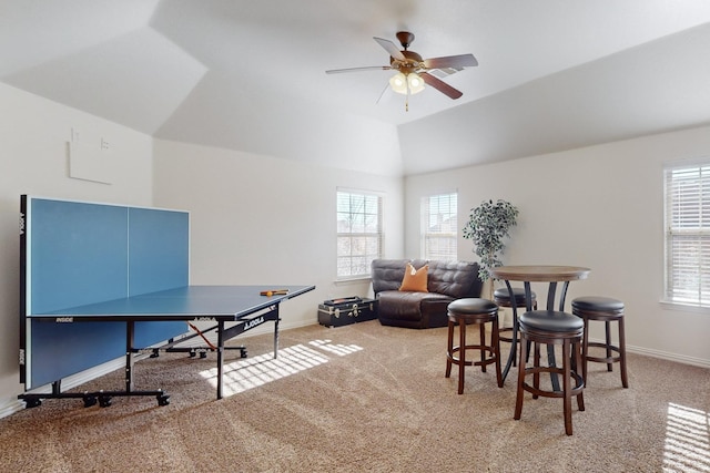 game room featuring ceiling fan, lofted ceiling, and carpet floors