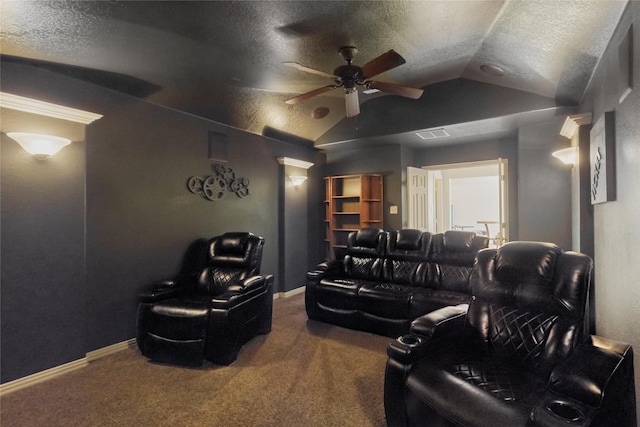 1240 Wedgewood Dr, Forney, TX 75126 - cinema room featuring a textured ceiling, carpet, a ceiling fan, and lofted ceiling