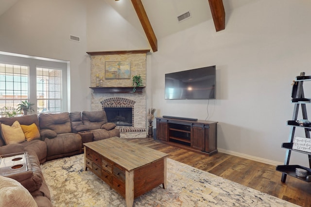 1240 Wedgewood Dr, Forney, TX 75126 - living area featuring visible vents, baseboards, beamed ceiling, wood finished floors, and high vaulted ceiling