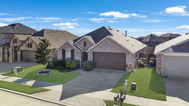 view of front of property with a garage and a front lawn