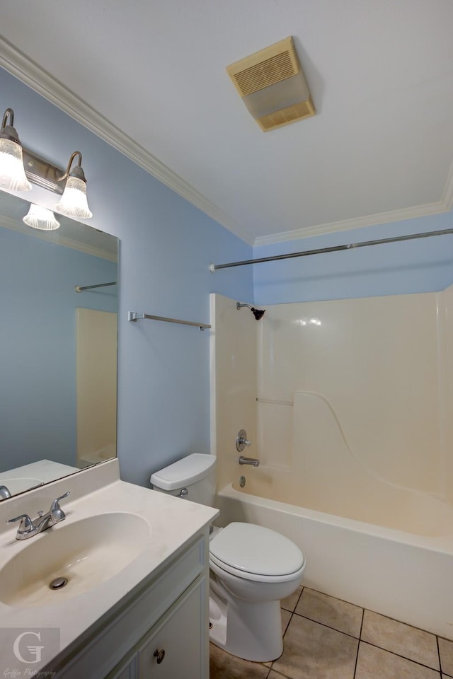 full bathroom with  shower combination, tile patterned flooring, vanity, ornamental molding, and toilet