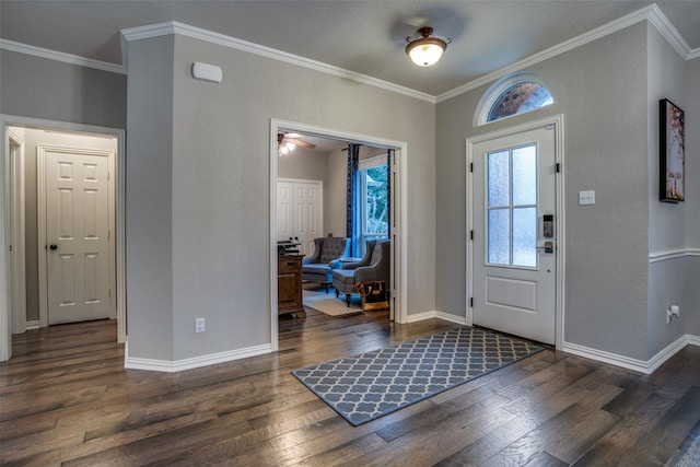 foyer with ornamental molding and dark hardwood / wood-style floors