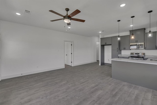 kitchen with appliances with stainless steel finishes, hardwood / wood-style floors, decorative light fixtures, gray cabinetry, and ceiling fan