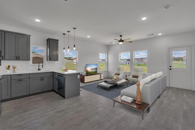 living room featuring ceiling fan, wood-type flooring, and sink