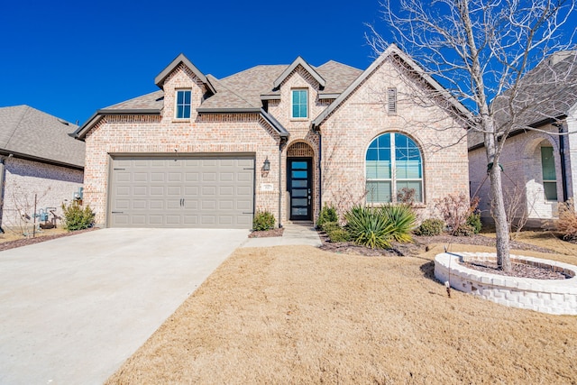 french country style house with an attached garage, brick siding, driveway, and roof with shingles