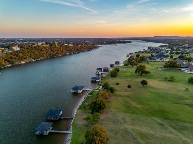 drone / aerial view featuring a water view