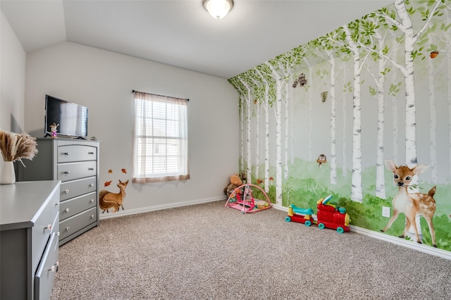 rec room featuring vaulted ceiling and carpet