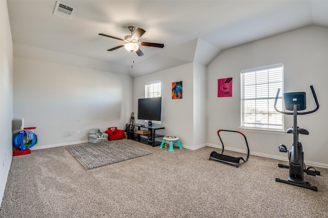 game room with ceiling fan, lofted ceiling, and carpet flooring