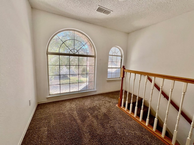 interior space featuring carpet flooring and a textured ceiling