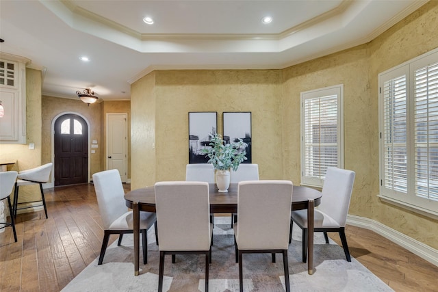 dining area featuring a tray ceiling, wood-type flooring, and a healthy amount of sunlight