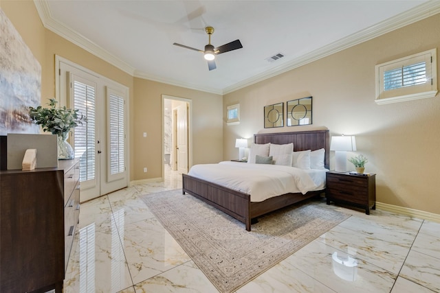 bedroom with crown molding, access to exterior, and ceiling fan