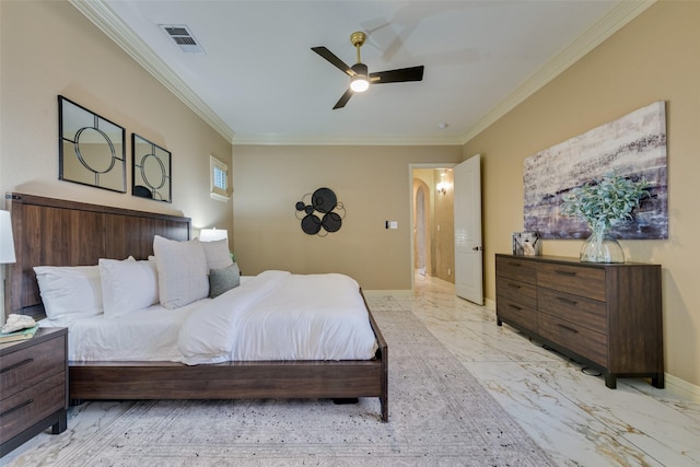 bedroom featuring ornamental molding and ceiling fan