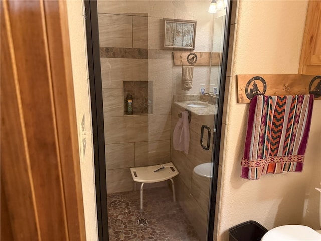 bathroom featuring toilet, sink, and walk in shower