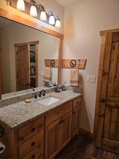 bathroom featuring vanity and wood-type flooring