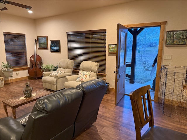 living room with ceiling fan and hardwood / wood-style floors