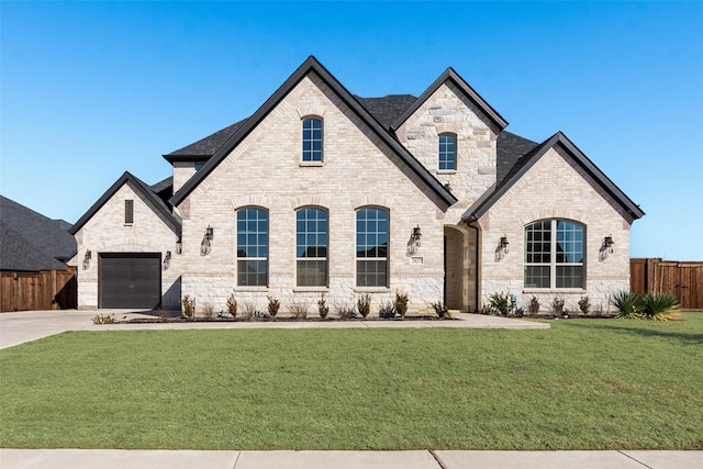 french country inspired facade with a garage and a front lawn