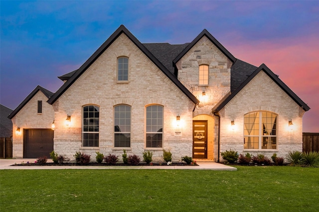 french country style house featuring a front lawn and brick siding