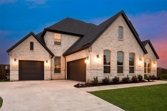 french country home with concrete driveway, a front lawn, and stone siding
