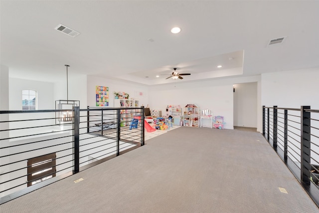 recreation room featuring visible vents, carpet flooring, ceiling fan, and recessed lighting