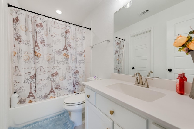 full bathroom with vanity, toilet, shower / bathtub combination with curtain, and visible vents