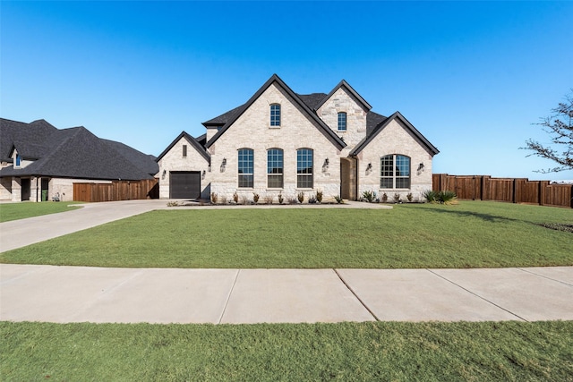 french country inspired facade with a garage and a front yard