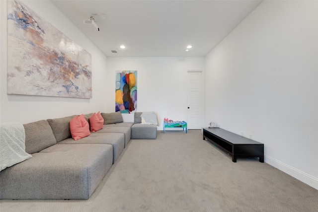 living room featuring baseboards, carpet flooring, recessed lighting, and visible vents