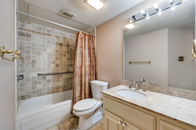 full bathroom featuring vanity, tile patterned flooring, toilet, and shower / bathtub combination with curtain