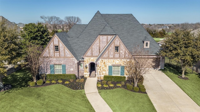 english style home featuring brick siding, a front lawn, fence, stone siding, and driveway