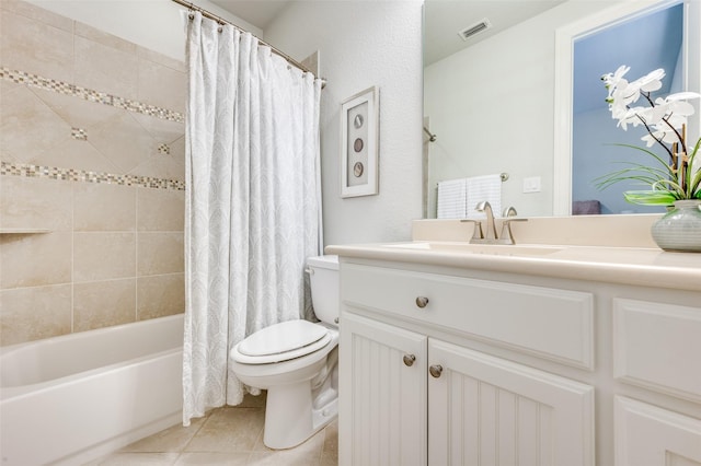 full bathroom with tile patterned flooring, vanity, shower / bath combination with curtain, and toilet