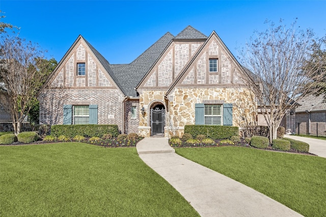 tudor home featuring a front yard