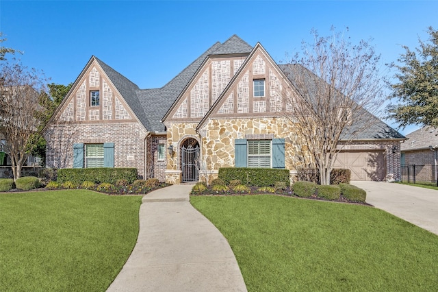 tudor-style house featuring a garage and a front lawn