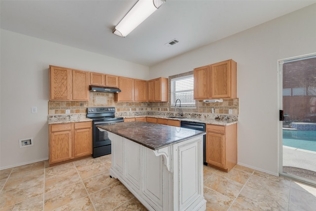 kitchen with sink, dishwashing machine, a kitchen island, black range with electric stovetop, and backsplash