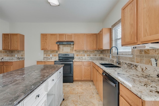 kitchen featuring tasteful backsplash, sink, dishwashing machine, electric range, and light stone counters