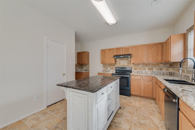 kitchen with dishwashing machine, sink, range with electric cooktop, light stone counters, and a kitchen island