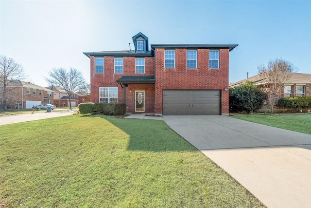 view of property featuring a garage and a front yard